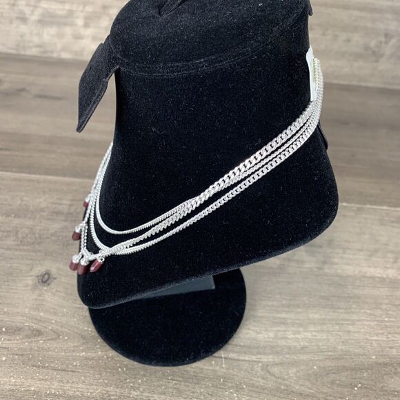 Lucky Brand Silver Tone Multi Layered Chain Necklace Drop Red Gem Pendant Chain - Picture 3 of 8